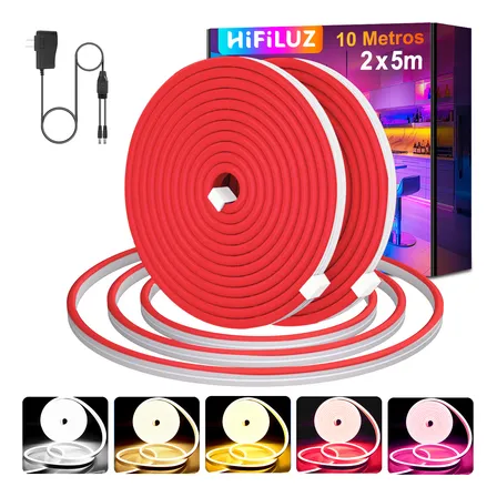 Tira Led Neón Flexible Roja 10 Metros Ip67 Impermeable 120 Leds/m 12v Con Fuente Red