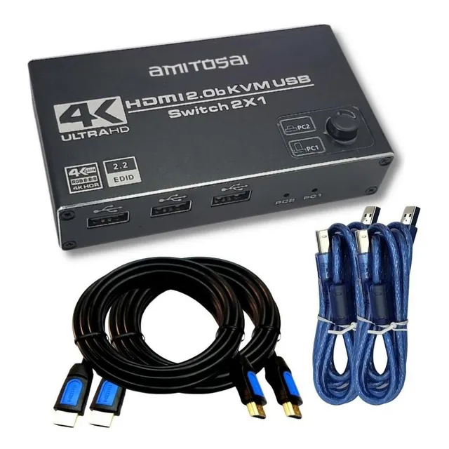 Switch Kvm 2 Puertos Hdmi Con Audio C/2 Cables Hdmi 3mts 4k