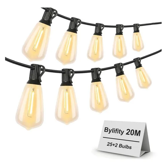 Bylifity Guirnalda De Luces Led Exterior, Cadena De Luces Led 20m 25+2 Focos Led St38 Inastillables Alto Brillo, Luces Colgantes A Prueba De Agua Para Porche Terraza Jardín Patio Trasero Balcón