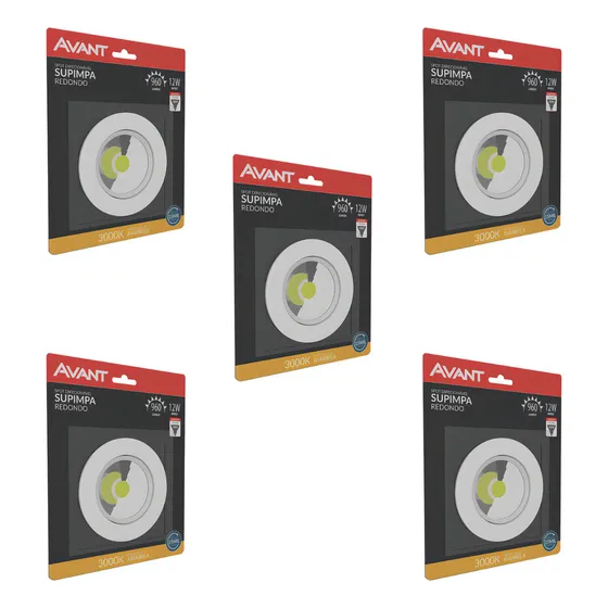 Kit 5 Spot Led Embutir Redondo 12w 127/220V Avant Quente 3000k Cor Branco - Quente 3000k 127/220V