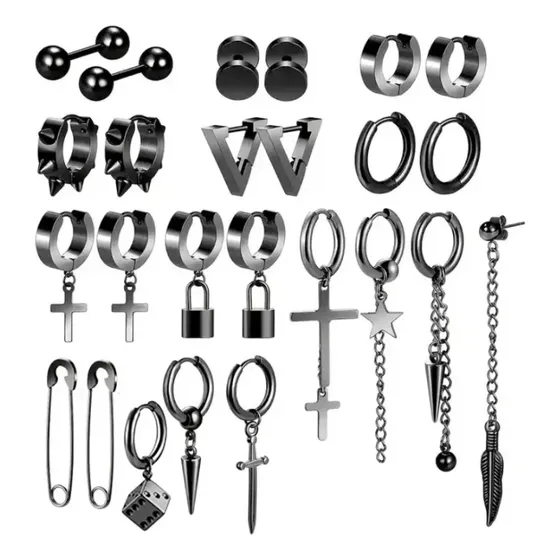 Set 25 Piezas Aros Aretes Pendientes Piercing Para Hombres Color Negro Con Diferente Modelos