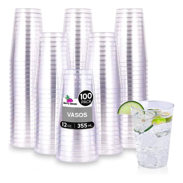 Berry Bloom 100 Vasos Elegantes Desechables Transparente 354 ml/12 Oz Para Fiesta, Bodas, Postre, Cócteles, Vino