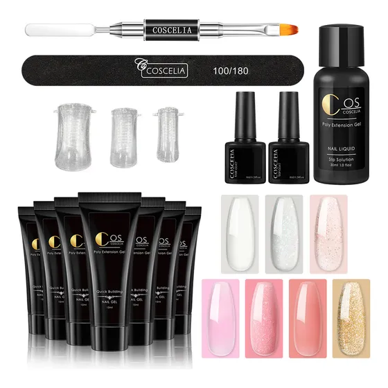Kit Profesional Uñas Con 7 Polygel, Base, Top Coat Y Herrami