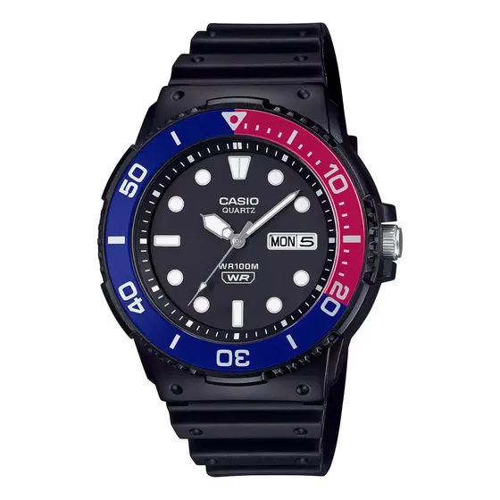 Reloj, Casio, Mrw-230h-1e2vcf Correa Negro Bisel Azul/Rojo Fondo Azul