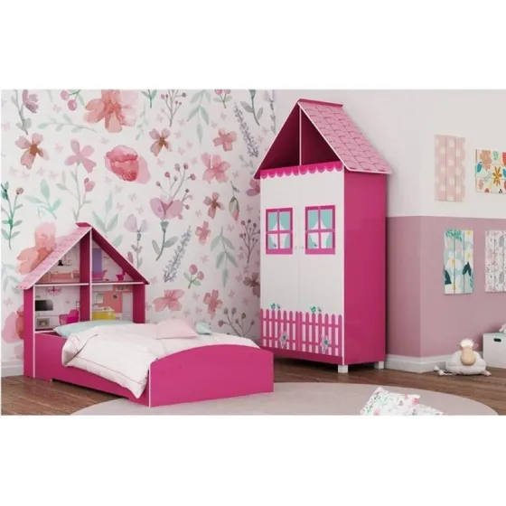 Quarto Infantil Cama E Guarda Roupa Casinha Pink Ploc/branco