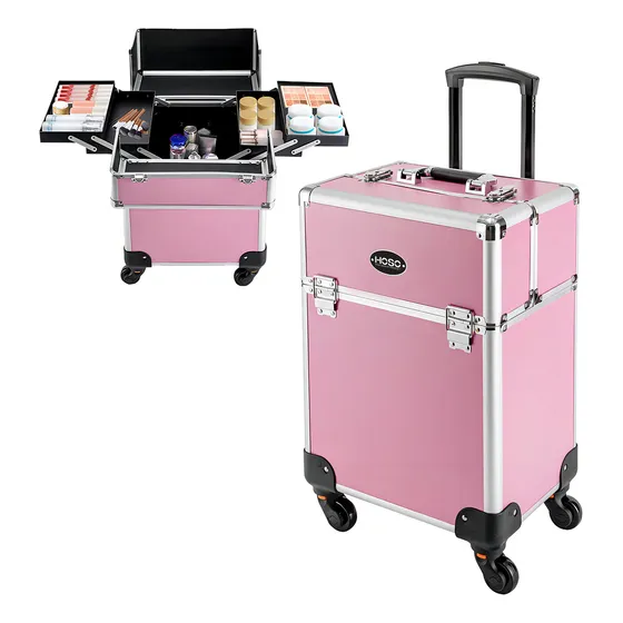 Maleta De Maquillaje Con Ruedas Caja Almacenaje Multiuso Color Rosa