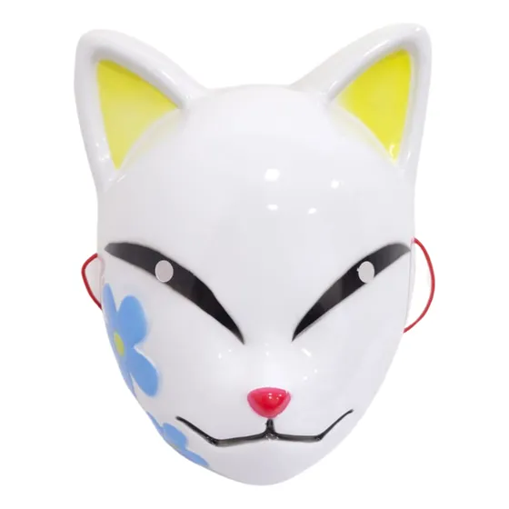 Máscara Kitsune Japonesa Decorada - Con Flores Celestes