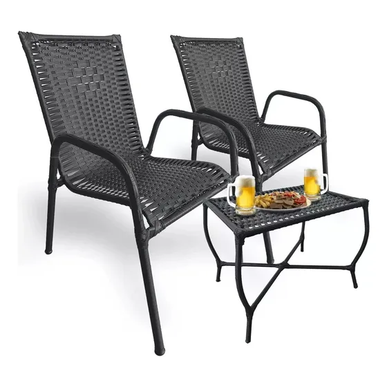 Kit 2 cadeiras com mesa centro fibra sintética varanda jardim area externa sacada prédio cor preto Ps móveis