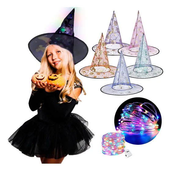 5 Gorro Bruja Luminoso Led Halloween Sombrero Brujita Disfra