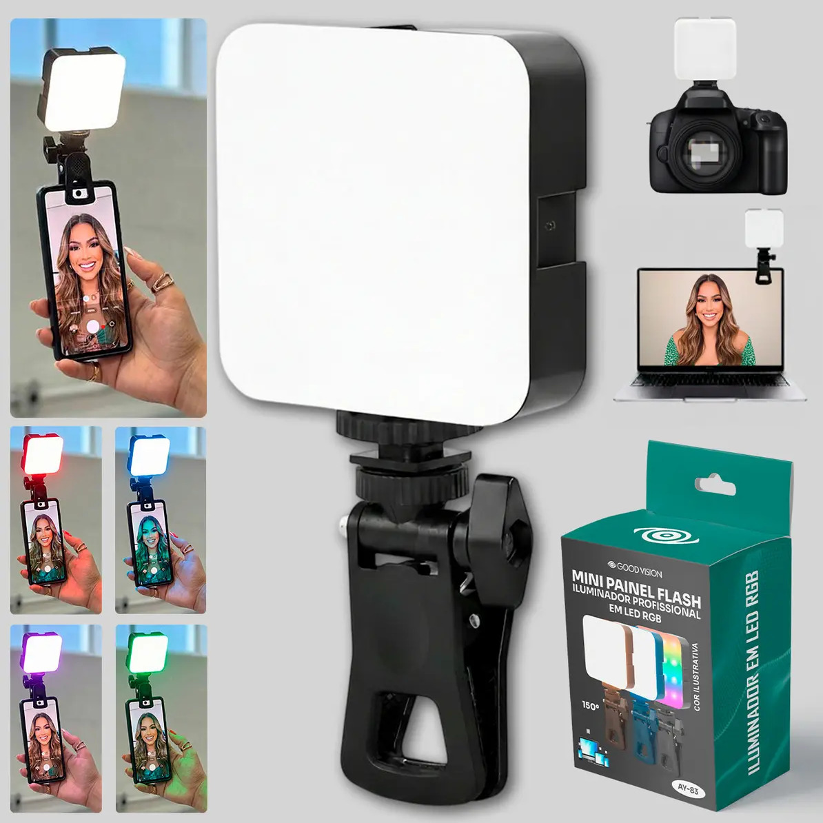 Mini Flash Iluminador de Selfie Profissional Fotográfico Multicolor e Rgb 60w Para Vídeos e fotos Com Luz de Estúdio e Clip Portátil Perfeito para Instagram Tiktok - GoodVision