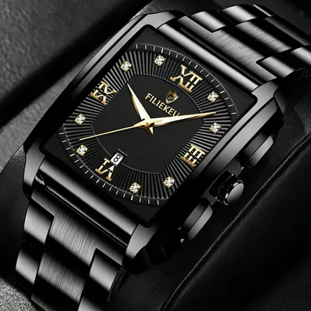 Relógio Masculino Analógico Quadrado Dourado Social Luxo Preto