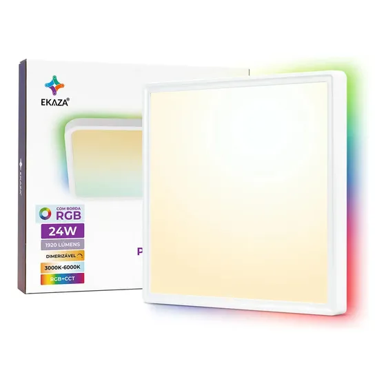 Painel Led Plafon Inteligente Smart Com Borda Rgb Sobrepor Quadrado 24w Alexa Google Home Branco Eka