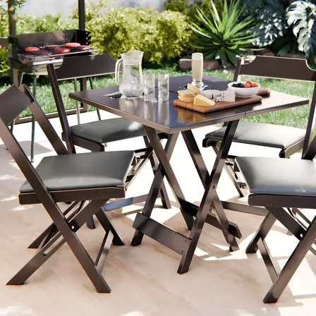 Conjunto de Mesa Dobrável Quadrada 70x70 e 4 Lugares com Cadeiras Estofadas em Preto de Madeira Naval area de Lazer