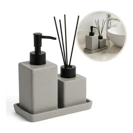 Kit Lavabo Cerâmica Porta Sabonete Difusor Banheiro Lyor Cinza Com Preto