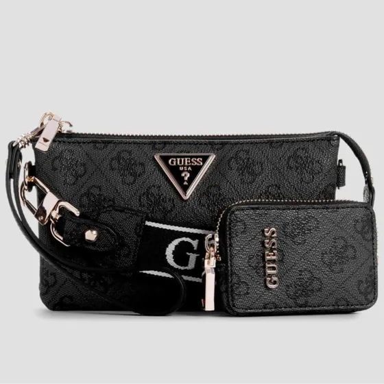 Cartera Guess Estilo Crossbody Con Monedero Y Correa Negro Monograma 4g Dorado Negro