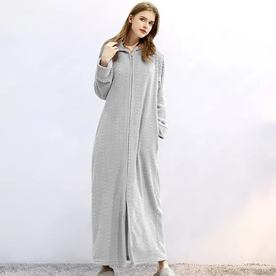 Robe Plus Size, Com Capuz E Zíper, Roupão Longo De Lã Coral