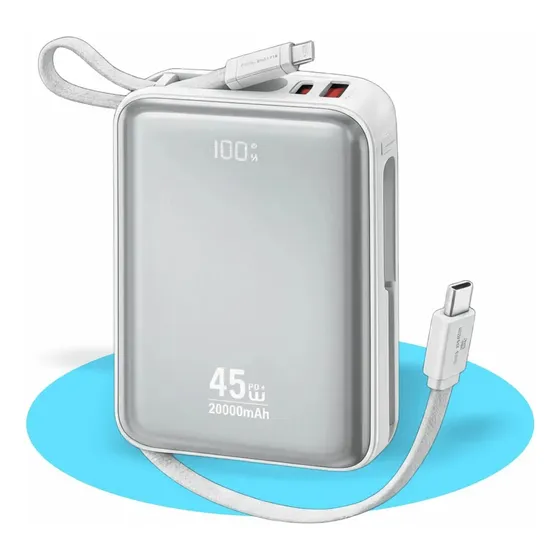 Carregador Portátil Turbo 45w Power Bank 20000mAh Rápido com Cabo Embutido Tipo C e iPhone Para Note
