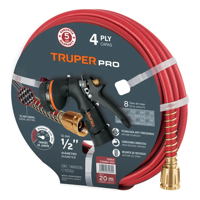 Combo De Manguera Man-20x1/2x Y Pistola Pr-208, 20 M, 10864 Color Rojo