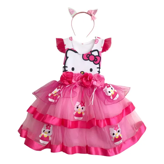 Disfraz Vestido Niña Bonito Hello Kitty Gatita Fiesta Cumpleaños Con Diadema