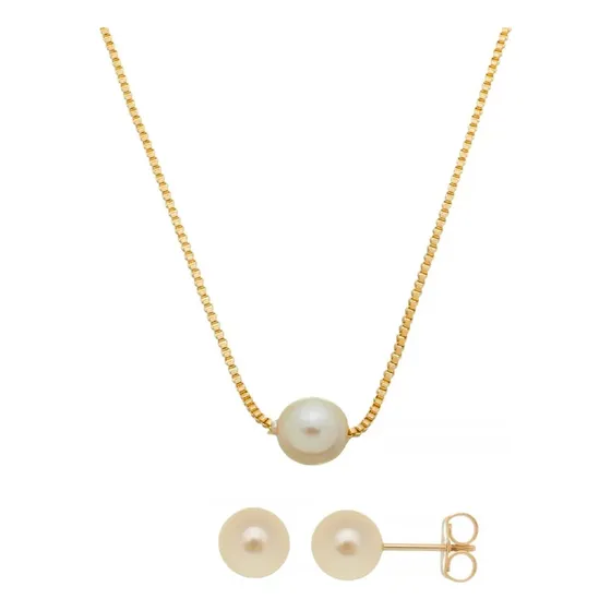 Kit Conjunto Brinco Colar Pérola Solitária Banhado Ouro 18k