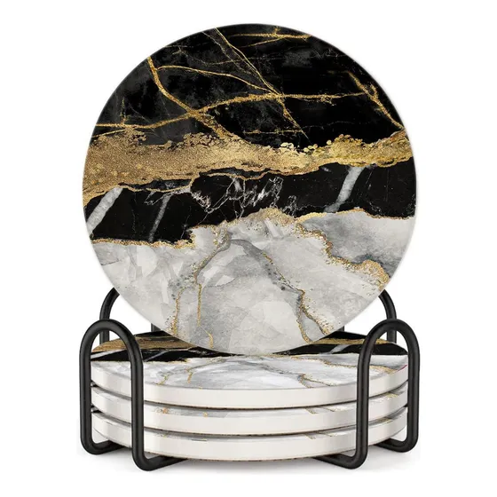 Posavasos De Estilo De Mármol Negro Y Dorado Con Soporte, De