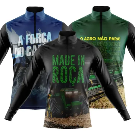 Kit 3 Camisas Camiseta Agro Blusa Uv Manga Longa Boi Trator