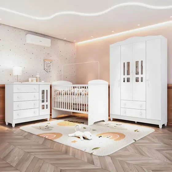 Quarto De Bebê Completo 3 Peças Berço 3 Em 1 Eloá Da