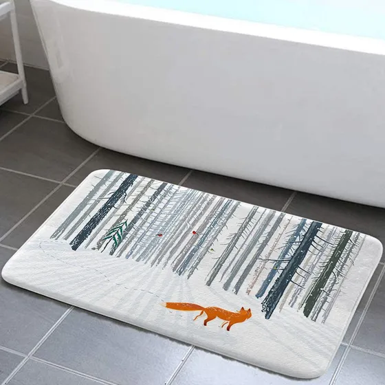 Alfombra Baño Invierno Navidad Pino Cubierto Nieve Rojo