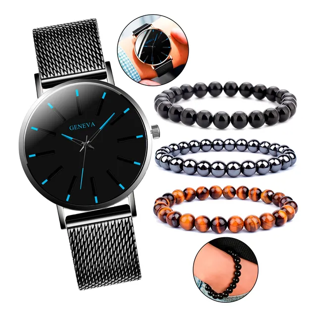 Kit Presente Namorado 3 Pulseiras Hematita E Relógio Pulso