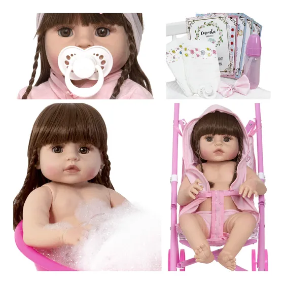 Boneca Reborn Baby Realista 46cm Pode Dar Banho Itens