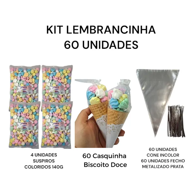 Kit 60 Lembrancinha, Suspiro Sortido, Casq. Biscoito Doce