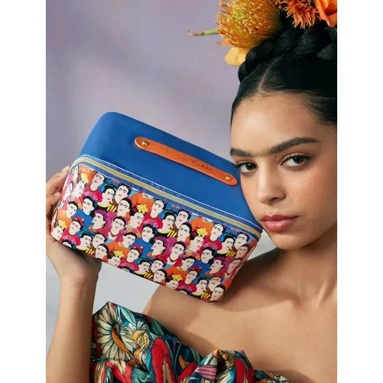 Bolsa Cosméticos Frida Kahlo Azul Cuadrada Estampado Floral