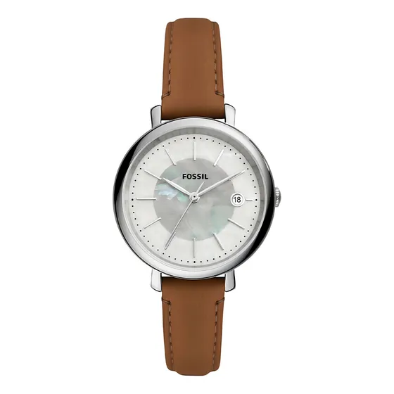 Reloj Fossil Es5090 Para Mujer Malla De Cuero Fechador Malla Marrón Bisel Plateado Fondo Blanco