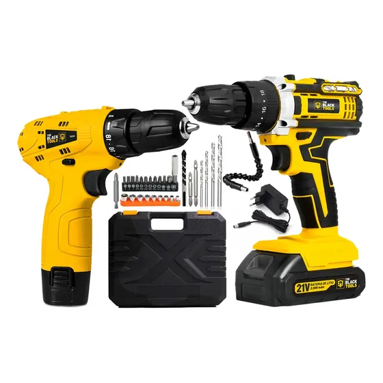 Kit Parafusadeira Furadeira De Impacto A Bateria 21V 3/8” + Furadeira Sem Fio 12V Bivolt C/ Acessórios The Black Tools