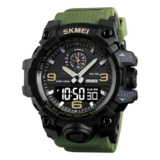 Reloj Hombre Skmei 1586 Analogico Digital Alarma Cronometro Color De La Malla Verde Militar Color Del Fondo Negro