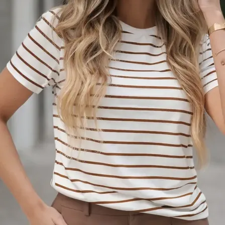 Camiseta Listrada Feminina Basica Chic Algodão Macio Casual