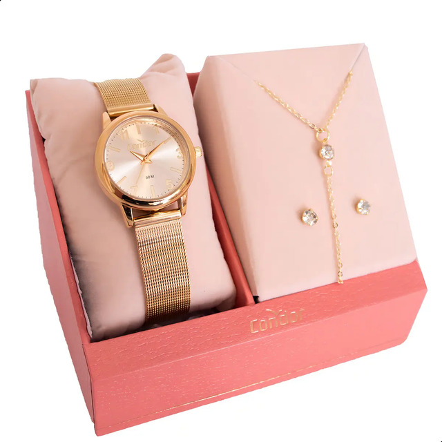 Relógio Feminino Condor Dourado Pequeno Fácil Ajuste + Kit Relógio Feminino Condor Dourado Pequeno Fácil Ajuste + Kit