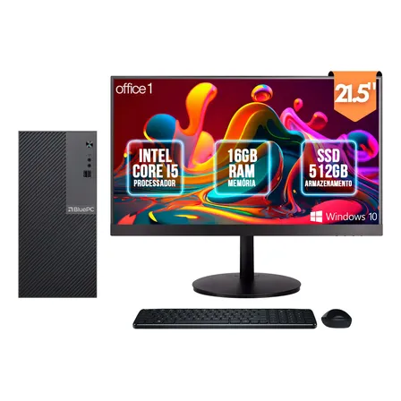 Computador Completo Intel Core i5, 16GB RAM, SSD 512GB, Monitor LED 21.5", Windows 10 Pro, Preto, Bivolt - BluePC Office1 CDBP-OFF1-114