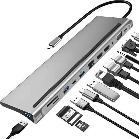 Dockstation Hub 12 Em 1 USB-C 2 HDMI 4K 60Hz VGA RJ45 Gigabit USB 3.0 SD TF PD Áudio Adaptador Para