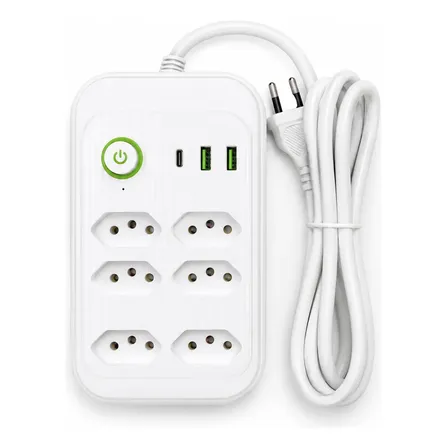 Régua Extensão 6 Tomadas 2 Usb Tipo C Filtro Linha 1,5m Branco 127/220v