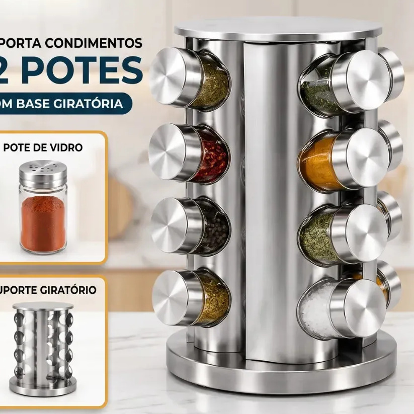 Kit Porta Temperos Condimentos 12 Potes C/ Temperos Em Vidro E Inox Com Base Giratória Kit Porta Temperos Condimentos 12 Potes C/ Temperos Em Vidro E Inox Com Base Giratória