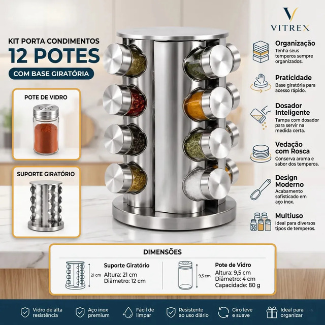 Kit Porta Temperos Condimentos Vitrex 12 Unidades Em Vidro E Inox Com Base Giratória Kit Porta Temperos Condimentos Vitrex 12 Unidades Em Vidro E Inox Com Base Giratória