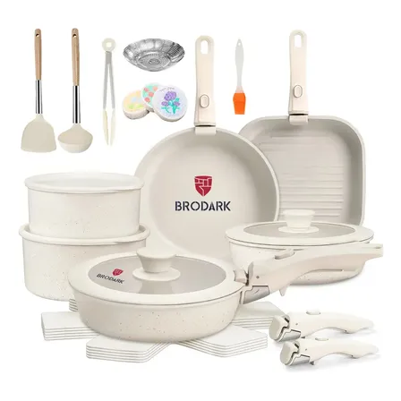 Batería de Cocina Brodark: Juego de 25 Ollas y Sartenes Antiadherentes con Mangos Desmontables para Inducción y Horno