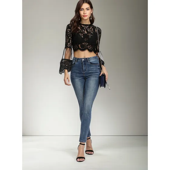 Bonita Blusa Encaje A La Cintura/ Blusas Color Negro