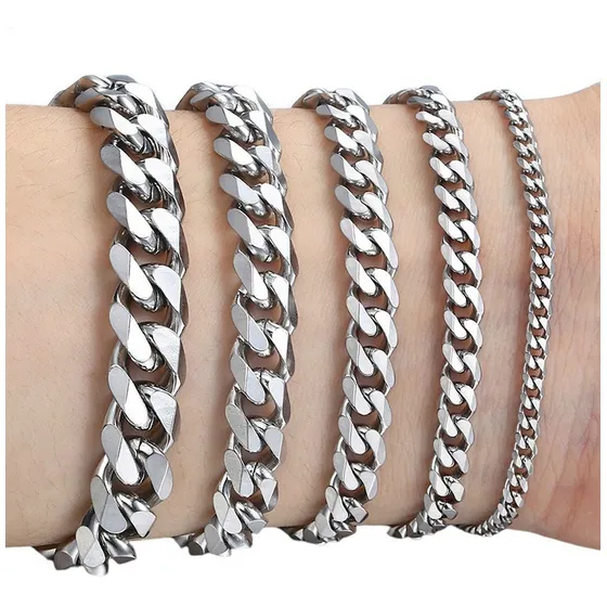 Pulsera Esclava Hombre Y Mujer Cubano Eslabón Acero Plata 7 Cm 19 Cm