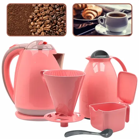 Kit Chaleira Elétrica Garrafa Térmica Filtro Açucareiro Rosa 127v