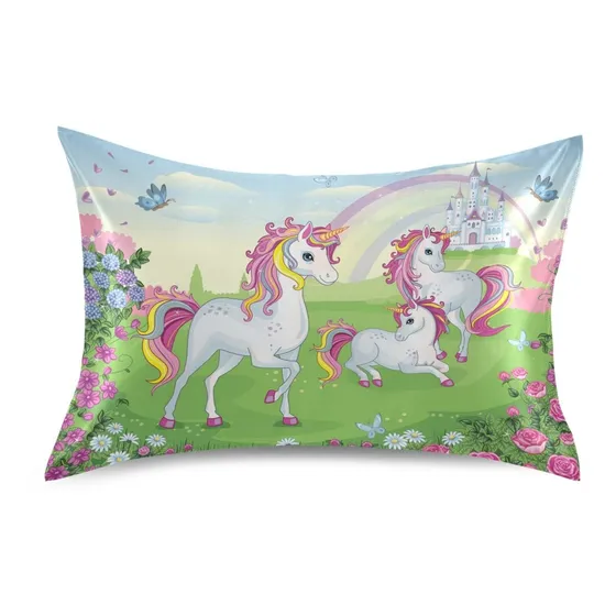 Funda Almohada Saten Para Pelo Piel Diseño Unicornio Arco X