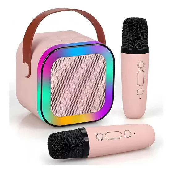 Caixinha Som Karaokê 2 Microfones Bluetooth Infantil Adulto Cor Rosa