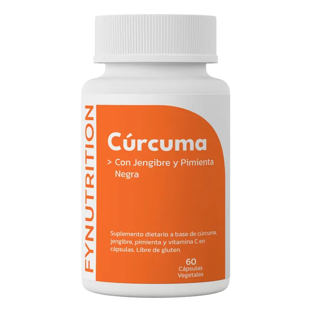 Vitaminas de Cúrcuma Fynutrition con Jengibre Pimienta Negra y Vitamina C Vegano en frasco de 60 unidades Sin sabor