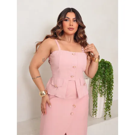 Conjunto Feminino Blusa Alça Fina E Saia Midi Com Fenda
